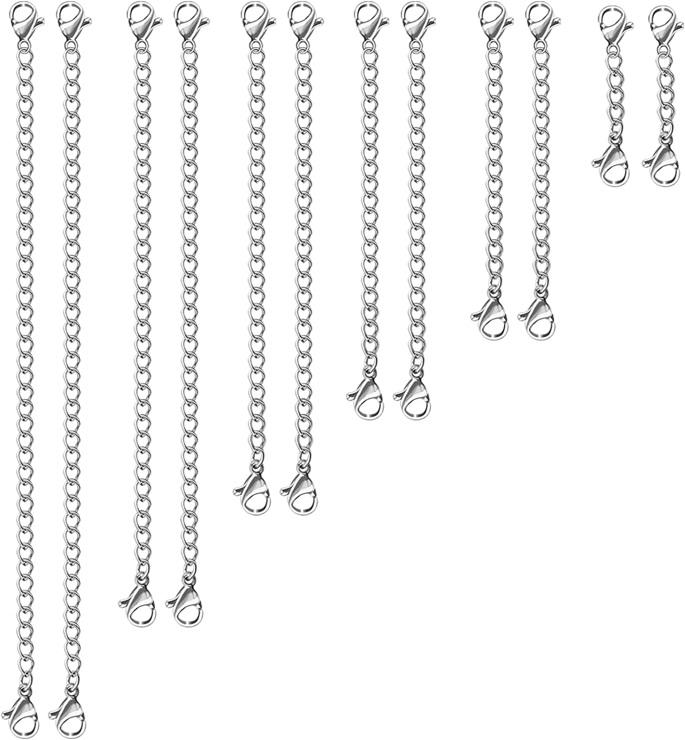 DOCKAPA Necklace Extender, 12 PCS Chain Extenders for Necklaces, Premium Stainless Steel Jewelry Bracelet Anklet Necklace Extenders(Silver), Length: 1.2" 2" 3" 4" 5" 6", by
