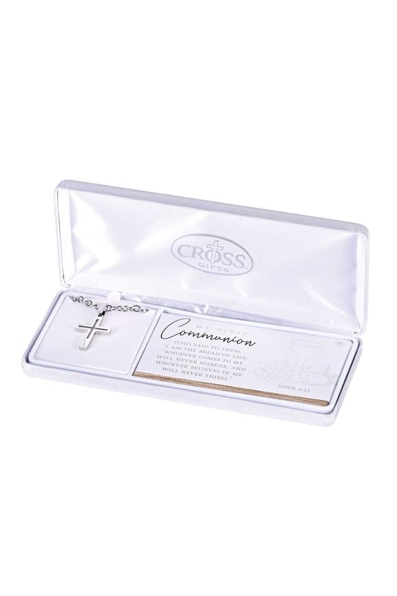 32-6752 John 6:35 First Communion Box Cross, Silver Tone, 18 Inch, Stainless Steel, Unisex Everyday Necklace,