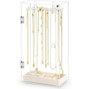 JZQYDS Jenseits Necklace Holder Organizer, Acrylic Jewelry Holder Stand, Rotation Clear Jewelry Storage Hanging W/ 24 Hooks, Dustproof Long Necklaces Pendant Bracelets Display Case Box Gift for Women, Girls