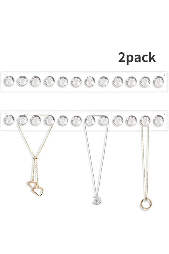 Necklace Holder, Acrylic Necklace Hanger, Wall Mount Necklace Organizer, Jewelry Hooks for Necklaces, Bracelets, Chains (2-pack Clear)