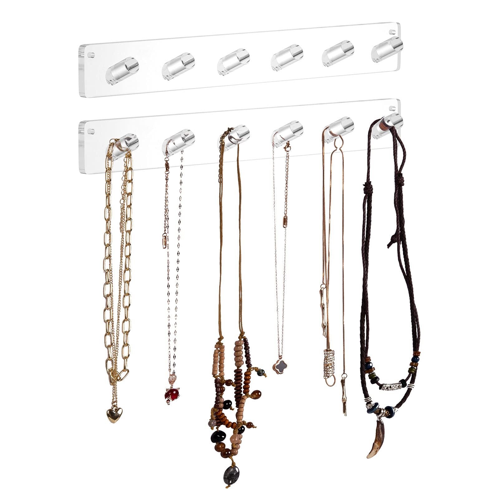 Necklace Holder, Acrylic Necklace Organizer Wall Mounted with 12 Hooks, for Hanging Necklace, Jewelry, Bangles, Bracelets and Rings, Best Gifts for Girls and Women(2 PACK)