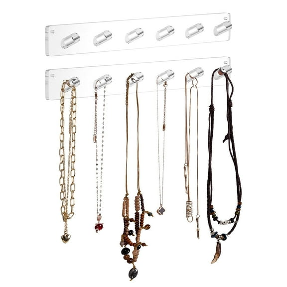Necklace Holder, Acrylic Necklace Organizer Wall Mounted with 12 Hooks, for Hanging Necklace, Jewelry, Bangles, Bracelets and Rings, Best Gifts for Girls and Women(2 PACK)