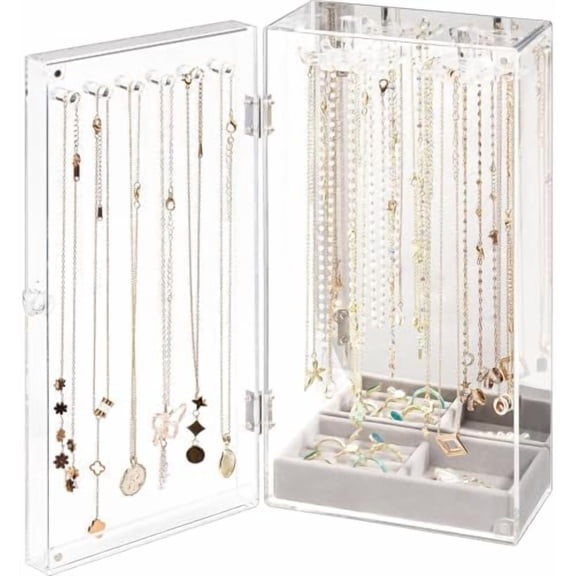 Necklace Holder Organizer, Acrylic Jewelry Organizer with 24 Hooks, Rotating Clear Necklaces Display Box with Built-in Mirror, Dust-proof Jewelry Storage Case with Velvet Tray -Clearmirror