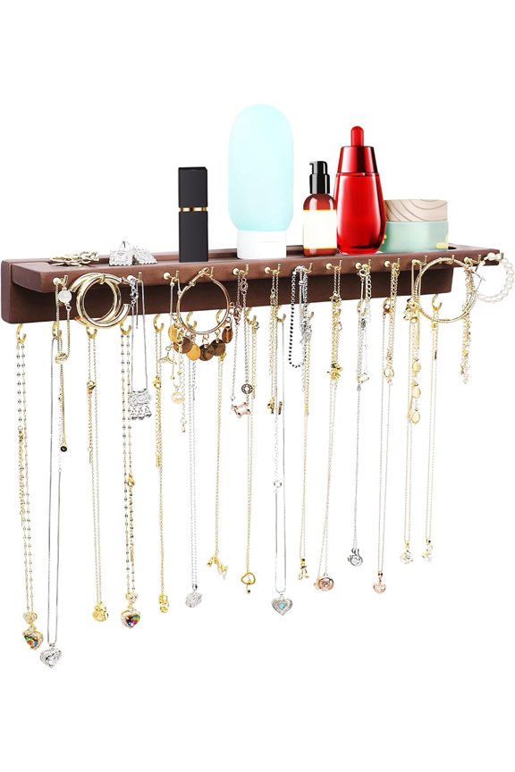 Necklace Holder, Upgraded Extra Large Wall Necklace Organizer with 30 Hooks Wall Mounted Necklace Hanger with Jewelry Tray/Cosmetics Shelf Rustic Pine Wood Holder (2 Pack-Double White)