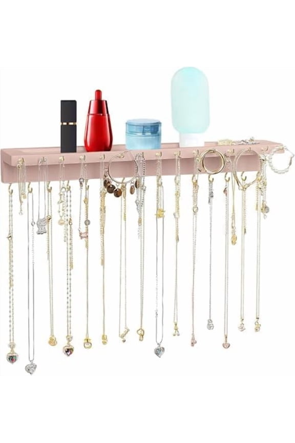 Necklace Holder, Upgraded Extra Large Wall Necklace Organizer with 30 Hooks Wall Mounted Necklace Hanger with Jewelry Tray/Cosmetics Shelf Rustic Pine Wood Holder (Pink)