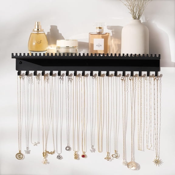 Necklace Holder Wall Hanging Organizer: Wall Mounted Jewelry Shelf with 56 Hooks and Tray, Display Hanger for Kids, Girls and Women, Black & Metal