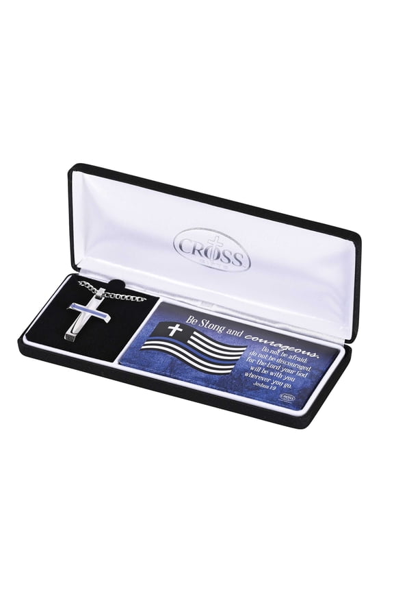 Joshua 1:9 Policeman Cross Silver 24 Inch Stainless Steel Necklace In Black Presentation Box