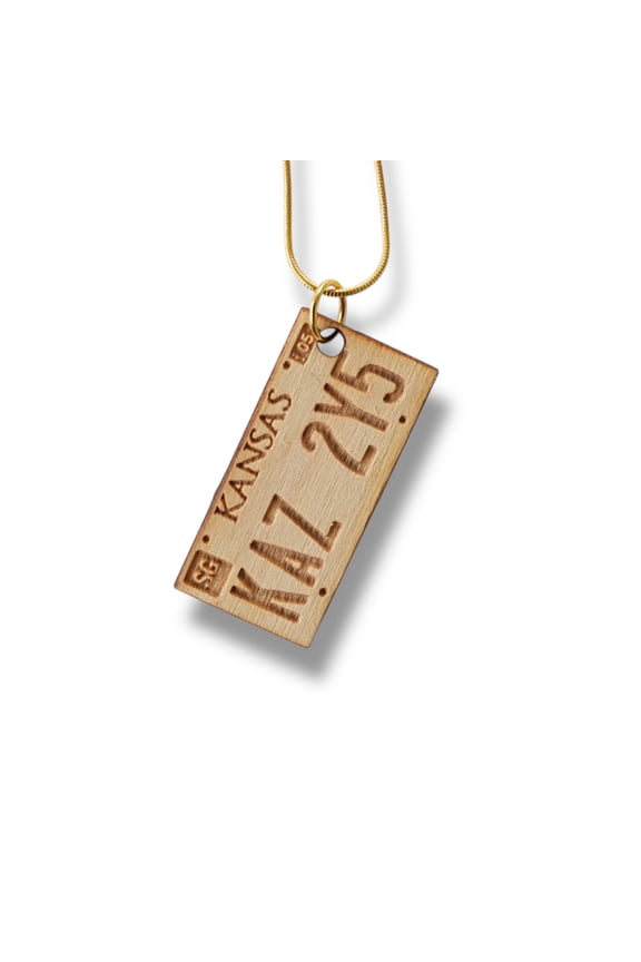 Necklace - Kansas License Plate - Key of Life Snake and Cable Link chains - Birch Wood