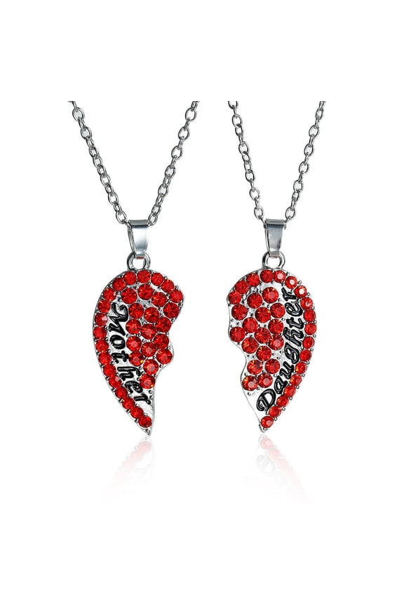 Necklace Long Link Cable Chain Broken Heart Message " Mother & Daughter " Pendants Red Rhinestone