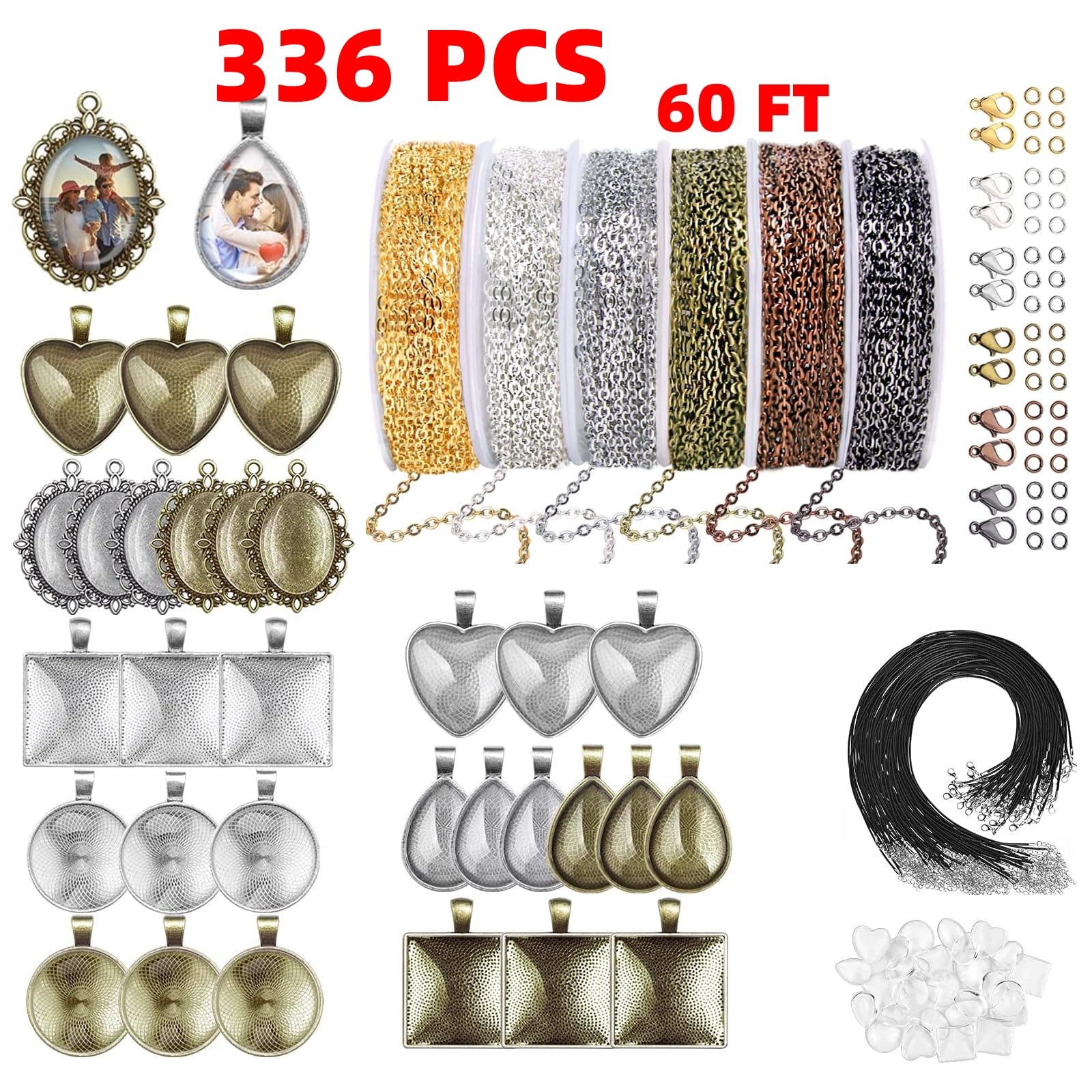 Necklace Making Kit Adult,Pendant Trays Set for Jewelry Making with Glass, Cabochons, 60ft Jewelry Chain 6 Color Plated Metal, Open Jump Rings, Lobster Clasps