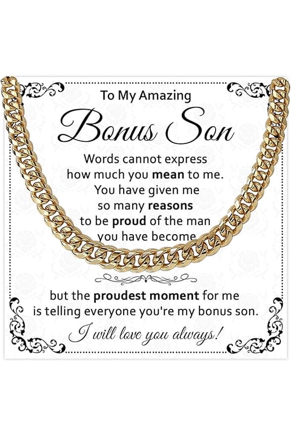 Necklace with Message Card and Gift Box for Step Son from Stepmom, Christmas Gifts, Bonus Son Necklace From Bonus Mother, Gold Plated Cuban Chain Necklace