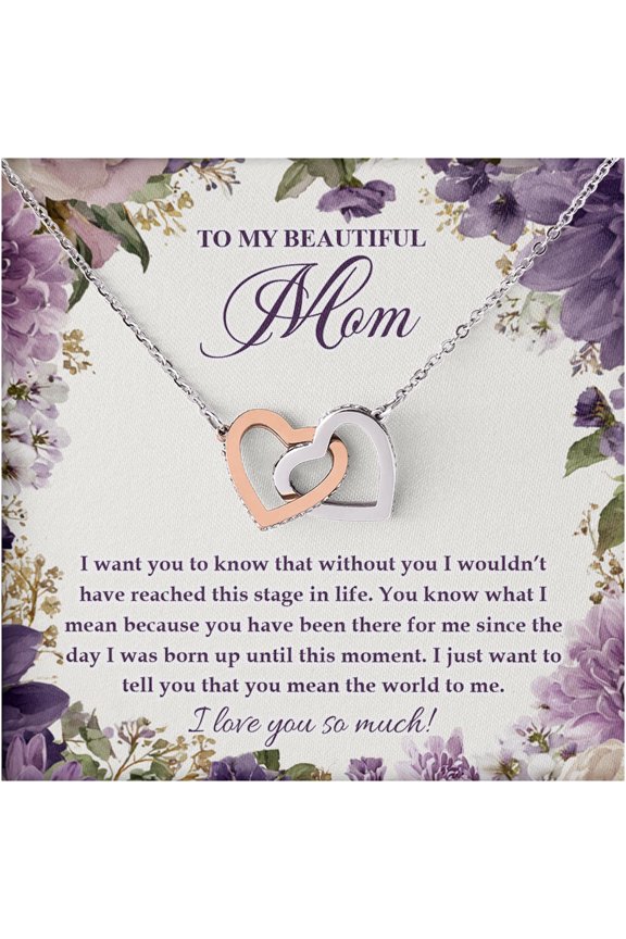 Necklace for Mom from Daughter, Double Heart Pendant Jewelry Gift, To My Beautiful Mom Love You Card, Birthday Graduation Present, Sentimental Keepsake for Mother
