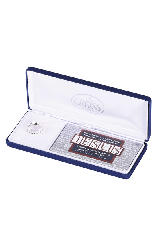 Names Of Jesus Mobius Silver Plated 18 Inch Stainless Steel Necklace In Blue Presentation Box