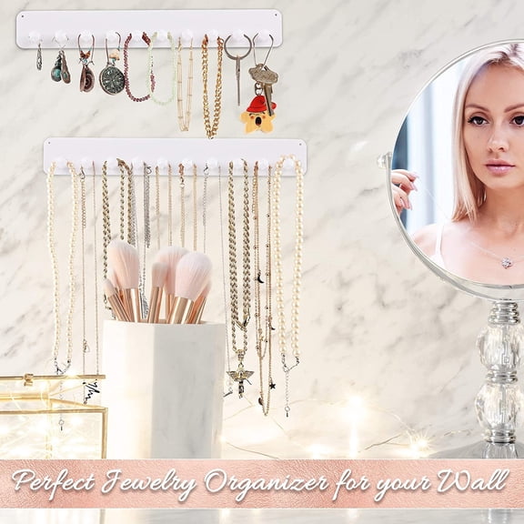 Necklace Organizer - 1 Pack Easy Install 13.58 x1.38 Hanging Clear Holder Wall Mount with 12 Necklace Hooks For Bracelets, Earrings, and Keys - Jewelry Organizers and Storage