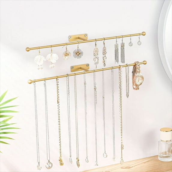 Necklace Organizer - 2pcs Easy Install Hanging Gold Holder Wall Mount for Bracelets, Earrings, Keys,Rings, Hairband, Glasses