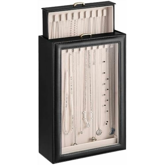 Necklace Organizer Box, 2-Layer Jewelry Storage Boxes with Clear Lid for Necklaces, Tangle-Free Necklace Display Case for Women Girls -Black