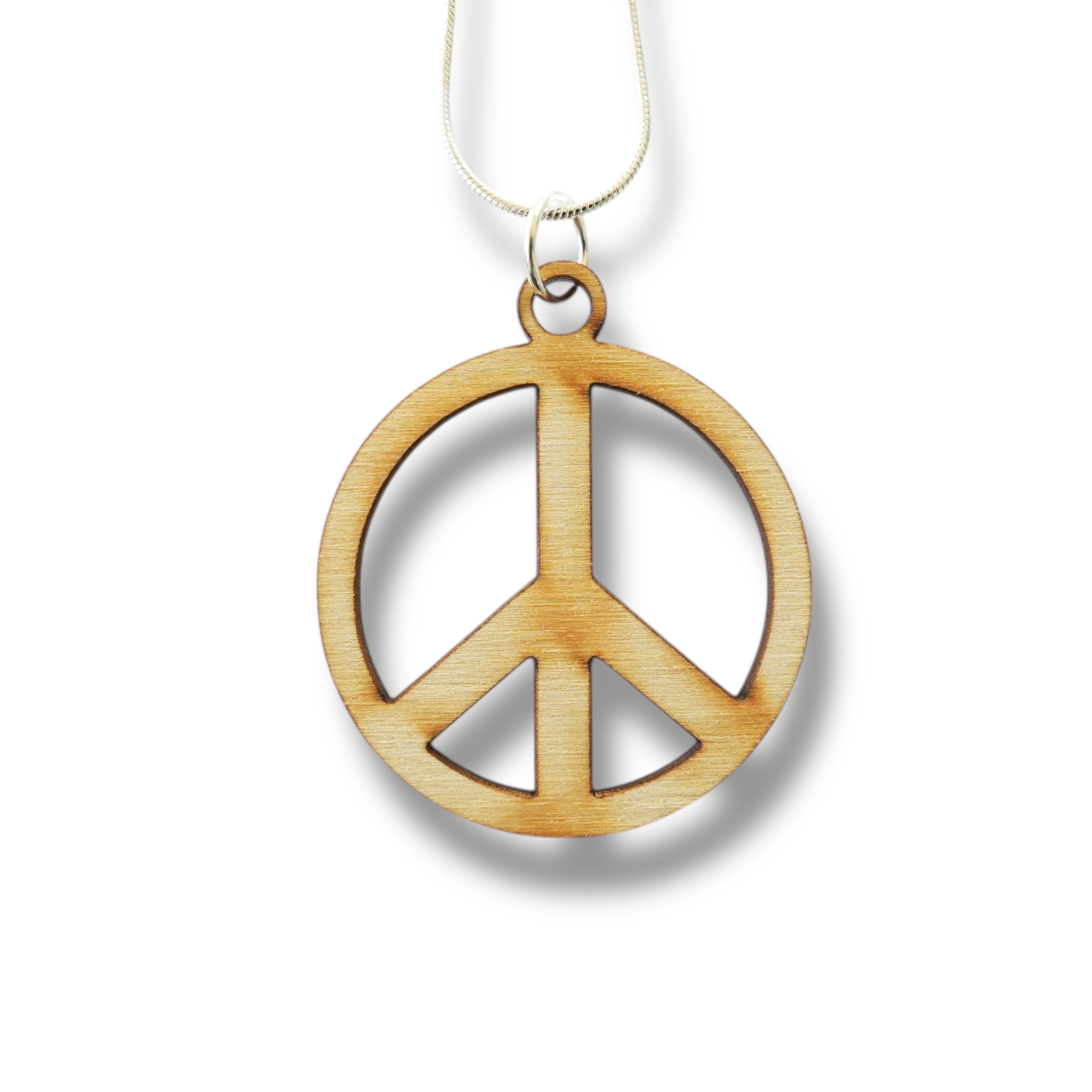 Chain Peace Sign Necklace - Peace Symbol - Snake and Cable Link chains - Birch wood ...