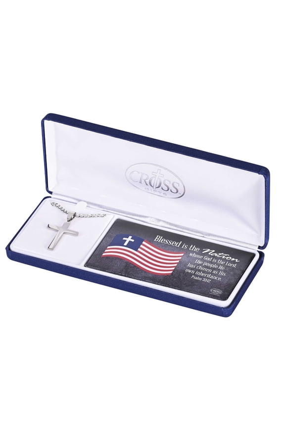 Psalm 33:12 Blessed Nation Cross Silver 24 Inch Stainless Steel Necklace In Blue Presentation Box
