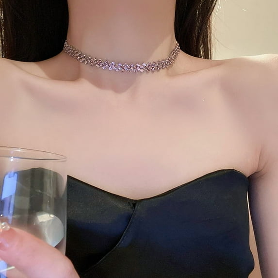 Necklace Purple Sparking Rhinestone Choker Necklaces Dainty Crystal Cubic Zirconia Bridal Wedding Jewelry for Women