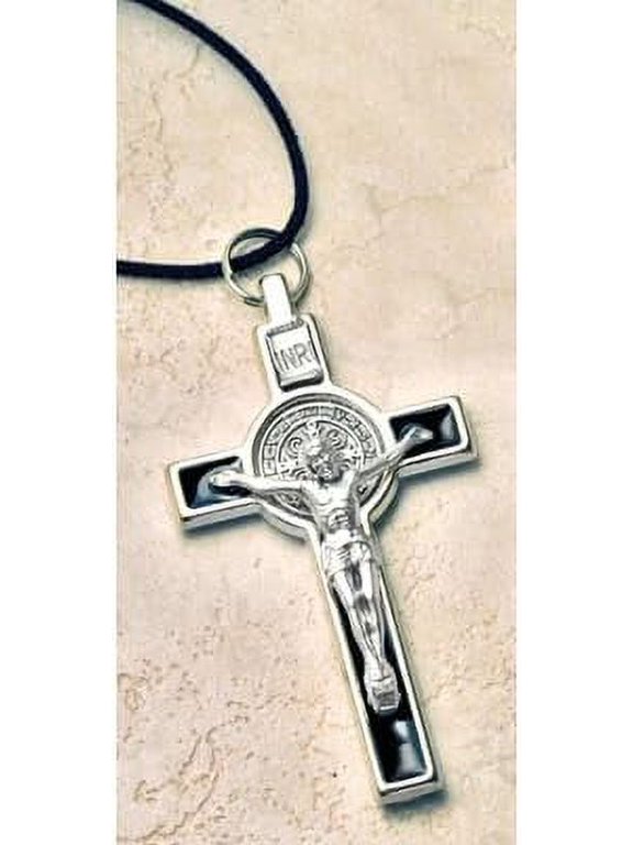 Necklace Small Crucifix St Benedict Silver Black 3"