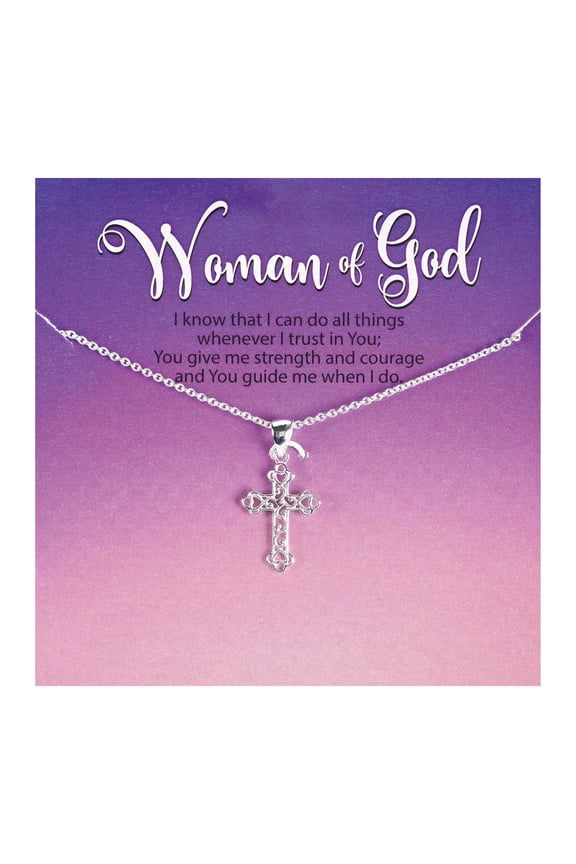 Woman Of God Open Bud Cross Small Silver Plated 18 Inch Stainless Steel Necklace On Presentation Card