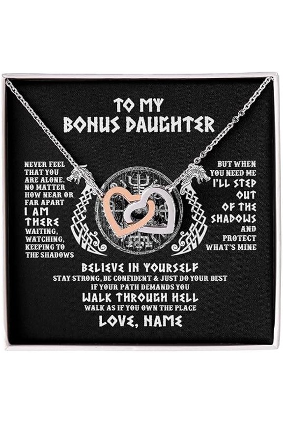Necklace for Step Daughter from Step Father, Gift for Unbilogical Daughter from Bonus Father, Interlocking Heart Necklace with Message Card and Gift Box, Birthday Gift for Bonus Daughter Bonus Dad