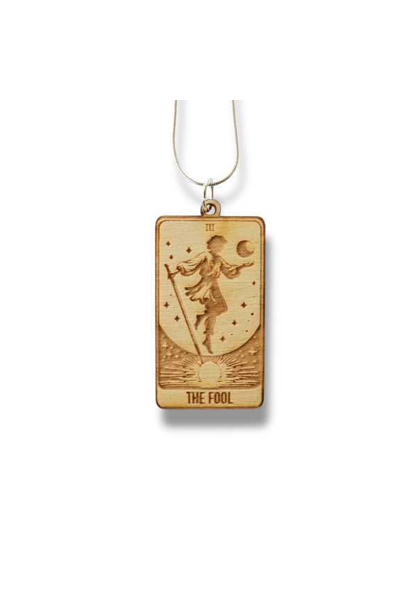 Necklace - The Fool Card - Snake and Cable Link chains - Birch wood