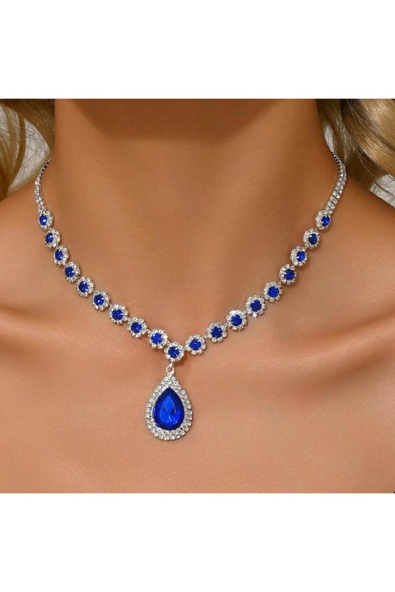 Necklace With Blue Cubic Zirconia In Silvertone