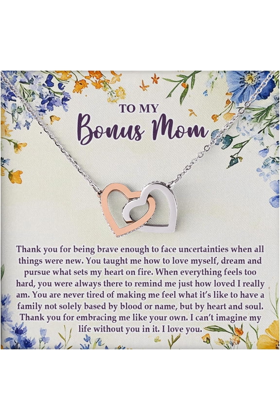 Necklace for Bonus Mom from Daughter, Heart Pendant Gift with Card, Thank You for Loving Me Jewelry for Mother's Day, Birthday, Graduation