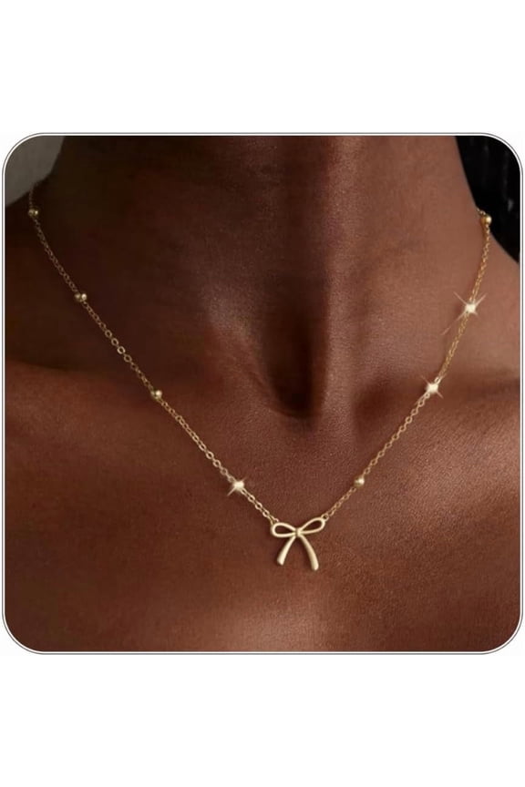 Necklace for Women Dainty Bow Necklace 14K Gold Plated Cute Choker Small Pendant Charm Necklaces Teen Gift Trendy Stuff Personalized Jewelry Gifts
