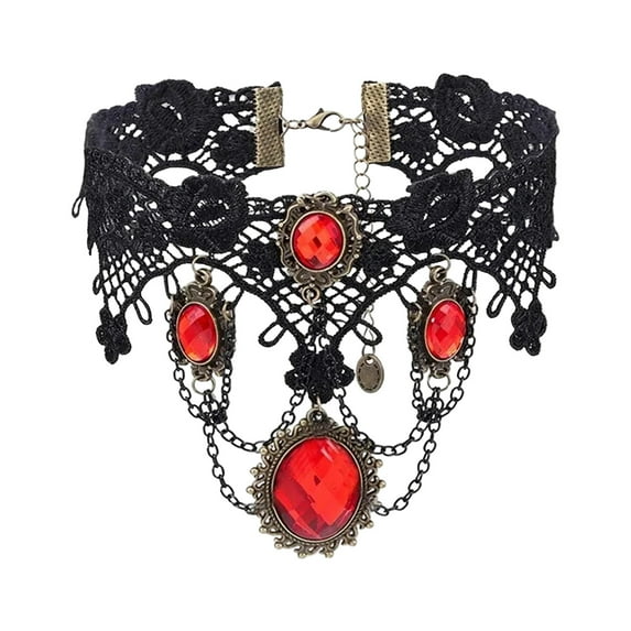 Necklace for Women, Vintage Gothic Lace Choker Necklace with Red Gemstone Pendant, Victorian Steampunk Cosplay Costume Jewelry