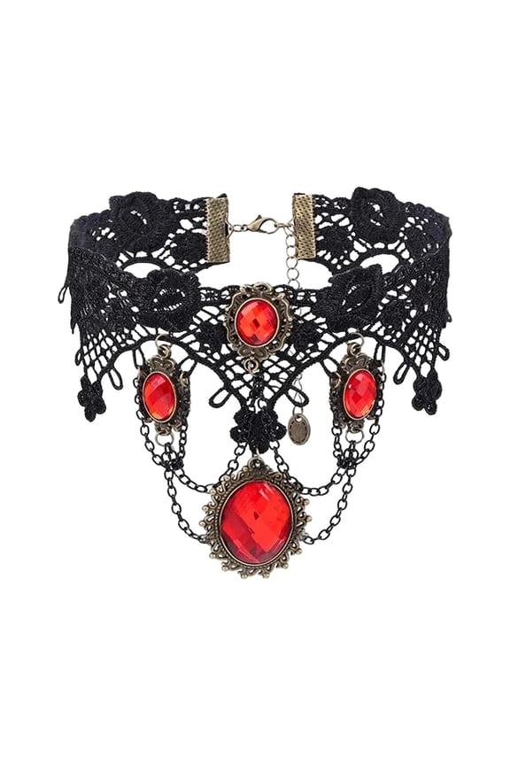 Necklace for Women, Vintage Gothic Lace Choker Necklace with Red Gemstone Pendant, Victorian Steampunk Cosplay Costume Jewelry