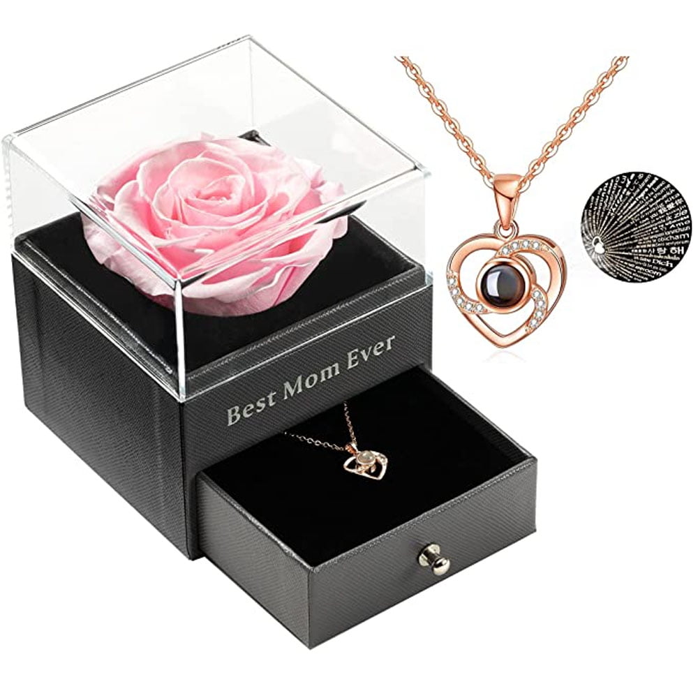 Necklace in A Box with A Drawer, A Preserved Rose On Top and The Phrase Eternal Love to Say I Love You in 100 Languages. Gift for Valentine's Day