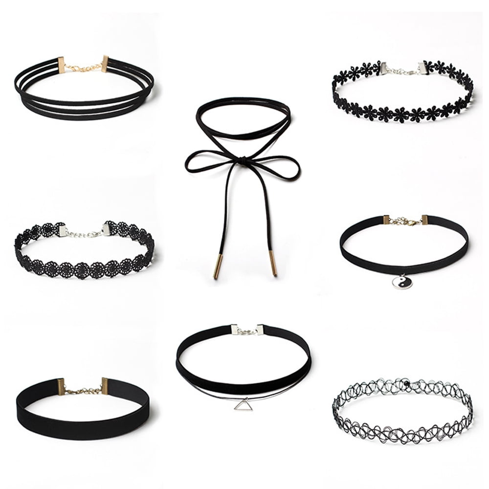 8 Stück Samt Chokers Schwarz - Gothic Halsketten Damen Vintage