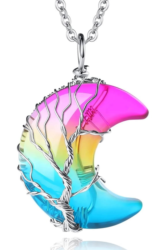 Necklaces For Women Crescent Moon Pendant Necklace Tree Of Life Wire Wrapped Crystal Necklaces Natural Gemstone Quartz Jewelry For Women Men[o2241]