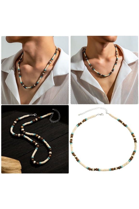 Necklaces & Pendants Bohemian Turquoise Wood Beads Necklace for Men Summer Beach Accessory Handmade Blue Collarbone Chain, 45 cm, Sky Blue