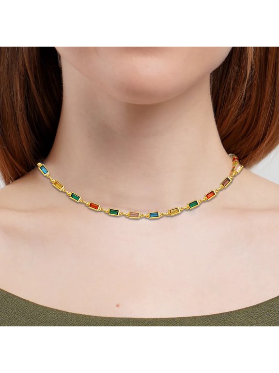 French Colorful Square Glass Chain Necklace, Exquisite High-End Fashion Jewelry, 39 cm, Gold