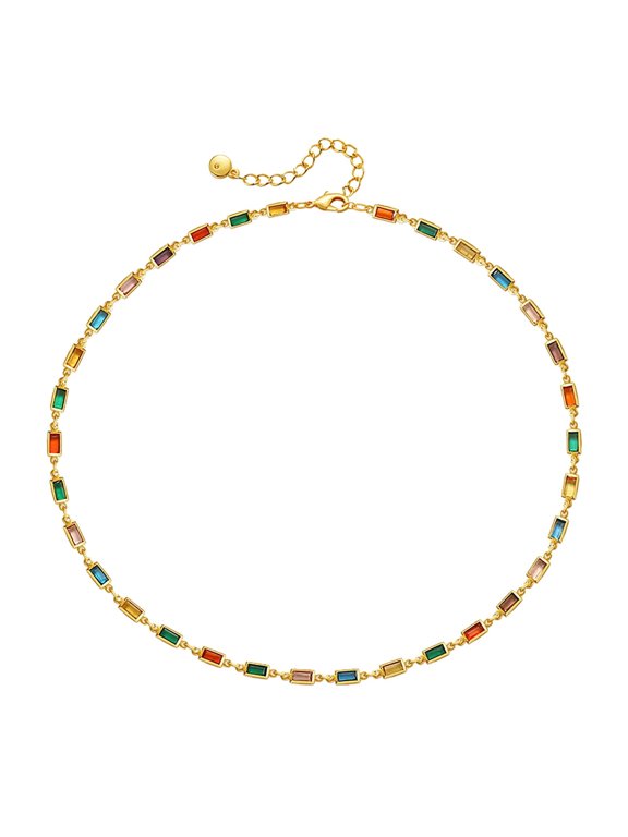 French Square Glass Chain Necklace, High End Fashion Jewelry, 39 cm, Gold