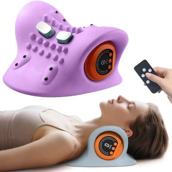 Neck 4-in-1 Massager,Portable Neck Traction Device, Cervical with Heating & Vibration–Relieve Muscle Tension,Customizable Massage Modes with Wireless Remote Control
