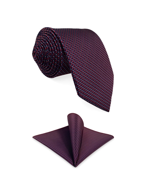 Necktie Set for Men Burgundy Navy Blue Micro-Dot Geometric Tie and Pocket Square Set Classic 57.5"