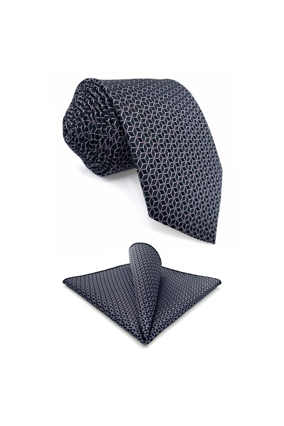 Necktie and Pocket Square for Men Black Pattern White Cubes Tie Hanky Set 63"