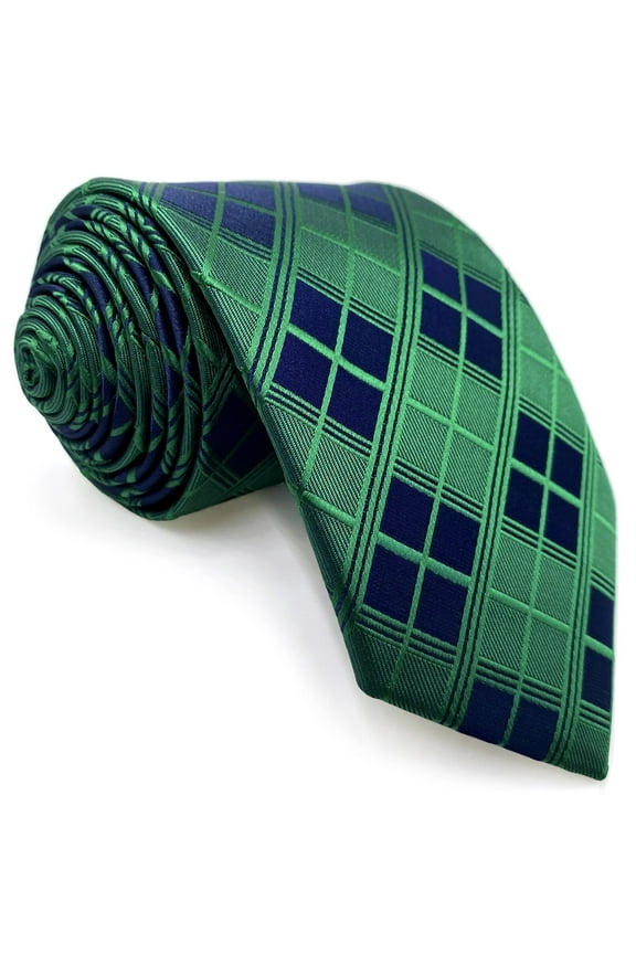Neckties for Men Green Navy Checkered Satin Tie Classic Size 57.5"×3.15"