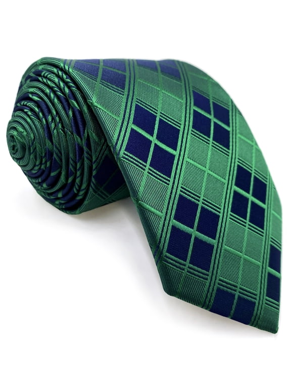 Neckties for Men Green Navy Checkered Satin Tie Classic Size 57.5"×3.15"