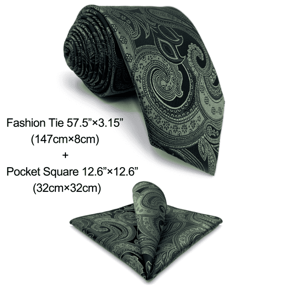Neckties for Men Tie Pack Dark Green Paisley Classic Size 57.5" with Pocket Square