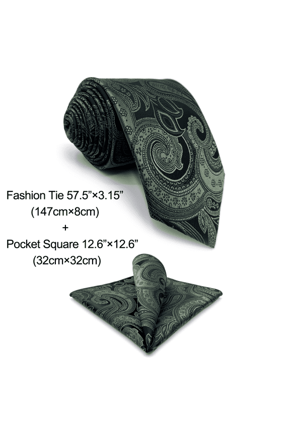 Neckties for Men Tie Pack Dark Green Paisley Classic Size 57.5" with Pocket Square
