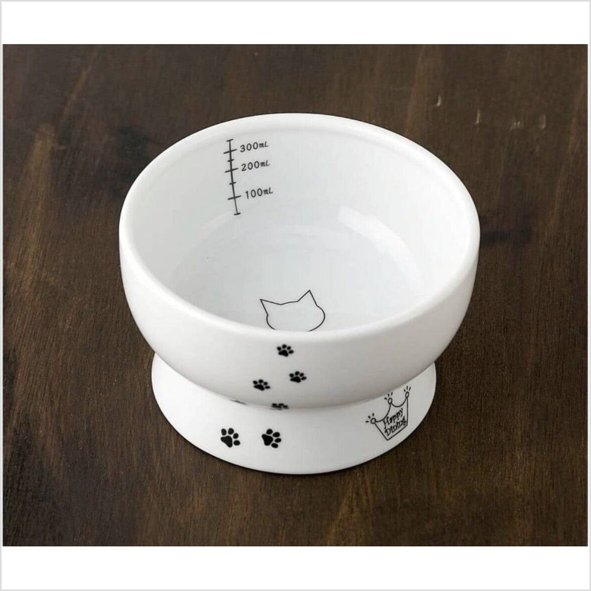 Necoichi Raised Cat Water Bowl Porcelain, Paw Prints & Cat Silhouette
