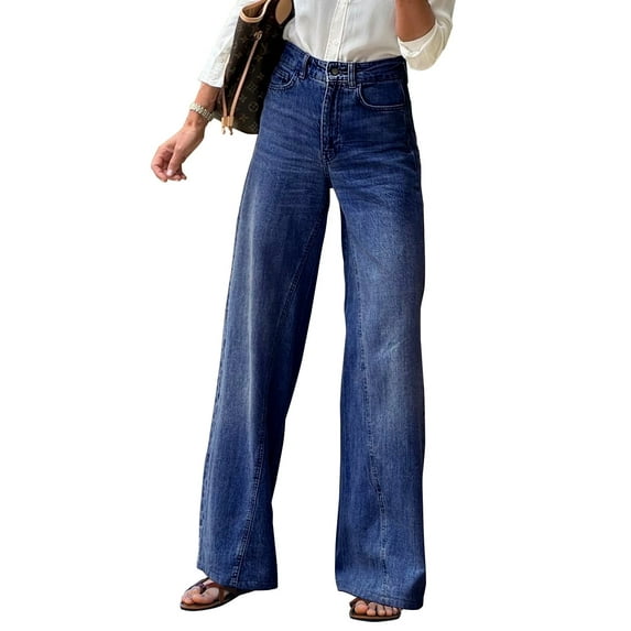 Necooer Casual Jeans for Women's Washed Stretchy Md Waisted Wide Leg Boyfriend Baggy Jeans for Women