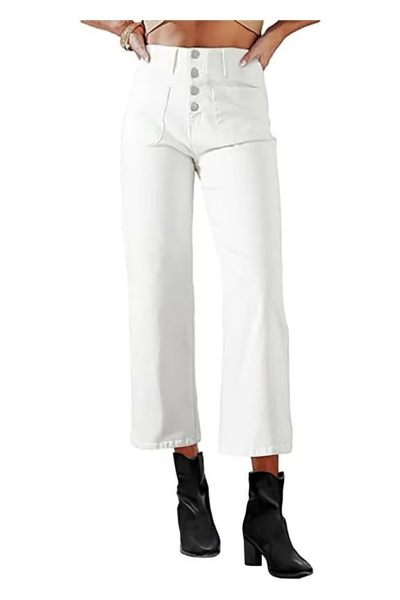 Wide Leg Jeans for Women Boyfriend Trendy High Waisted Baggy Cropped Jeans Flare Denim Pants Stretchy with Patch Pockets