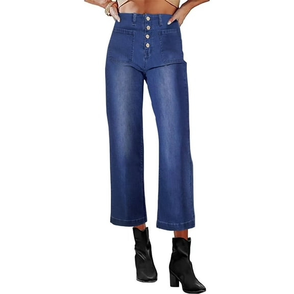 Necooer Women's Denim Jeans High Waist Casual Washed Stretchy Boyfriend Trendy Straight Pants Stretchy Wide Leg Cropped Jeans