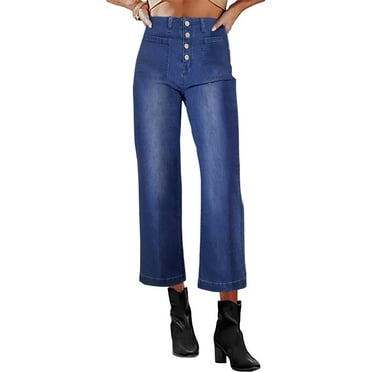 Necooer Women's Denim Jeans High Waist Casual Washed Stretchy Boyfriend Trendy Straight Pants Stretchy Wide Leg Cropped Jeans